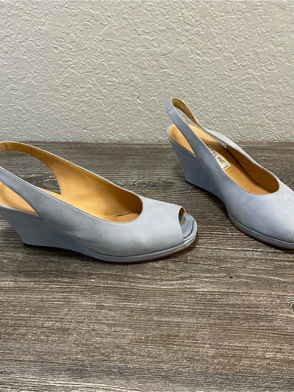 Vintage Celine Paris Powder Blue Suede Slingback Wedge Heels PeepToe Italy EU 38